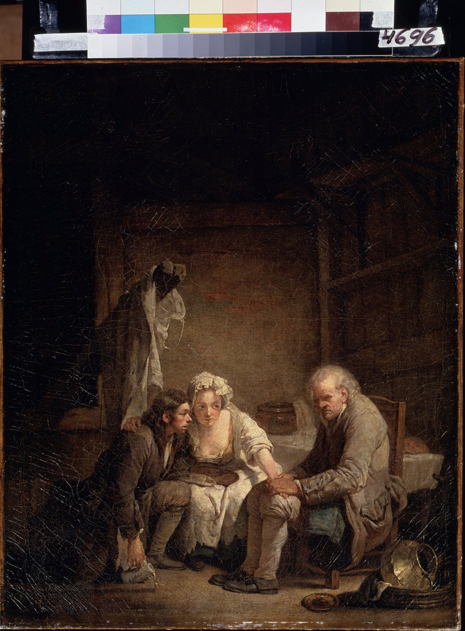 "الكفيف يخدع" (خدع الأعمى). رجل صادق ضحية الخداع والاحتيال وعدم الصدق. رسم جان بابتيست غريوز (1725-1805) حوالي عام 1755. زيت على قماش. روكوكو. متحف بوشكين ، موسكو بواسطة جان بابتيست غريوز