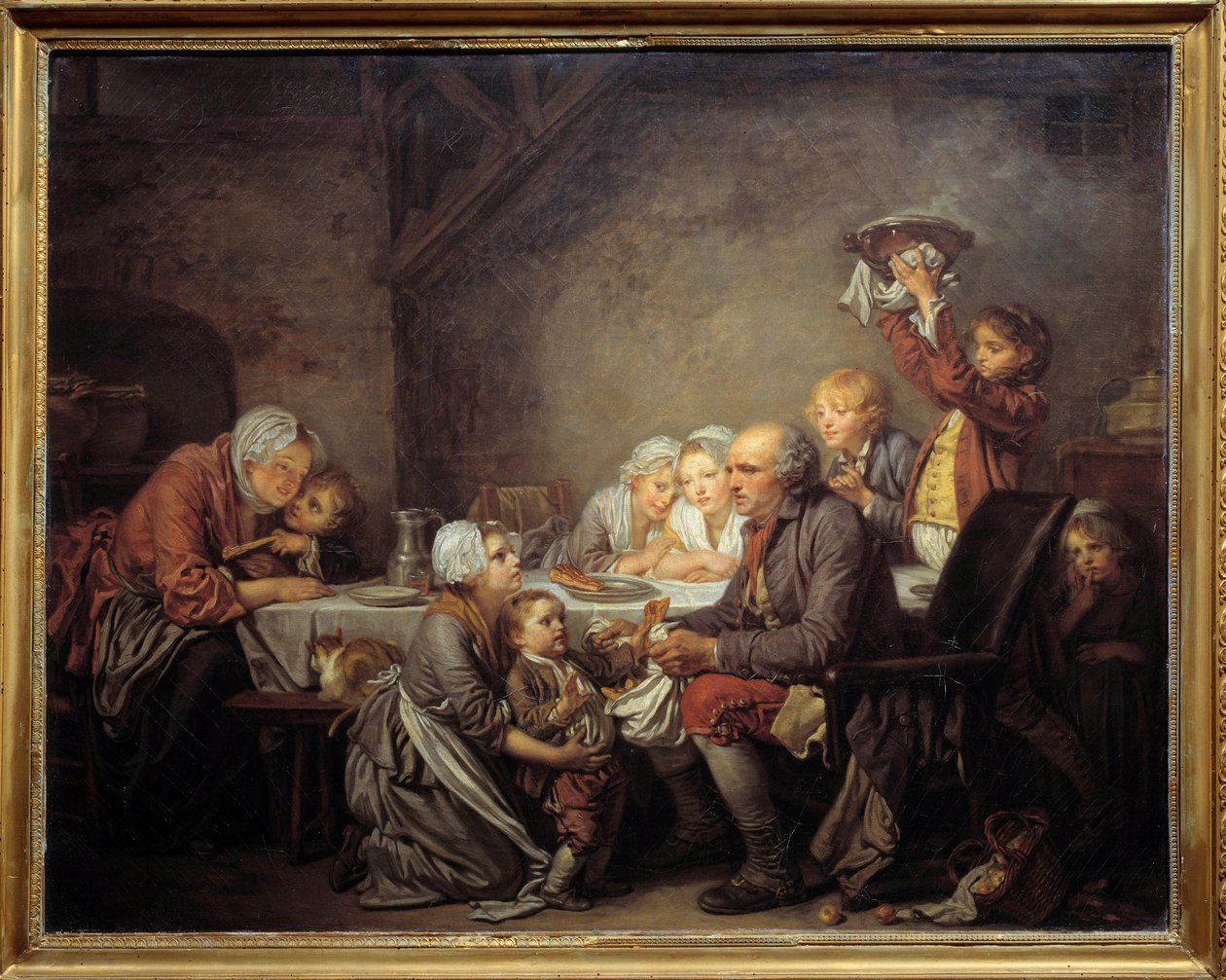 كعكة الملوك عائلة تشارك الكعكة في عيد الغطاس. رسم جان بابتيست غريوز (1725-1805) 1774 صن. 0،72x0،91 م متحف مونبلييه فابر بواسطة جان بابتيست غريوز