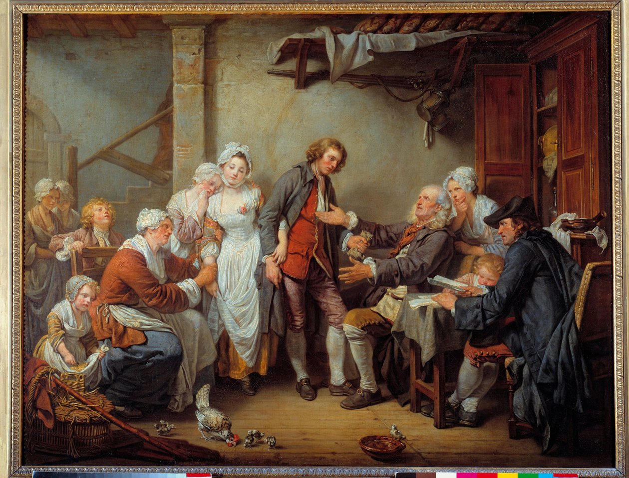 أكوردي القرية والد العروس يعطي النوتة إلى صهره. رسم جان بابتيست غريوز (1725-1805). 1761 الأحد. 0.92 × 1.17 م. بواسطة جان بابتيست غريوز