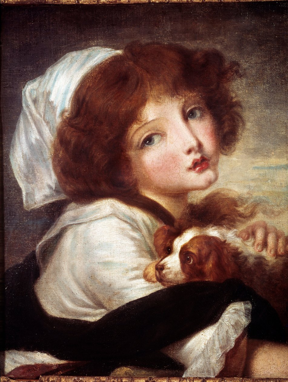 فتاة صغيرة مع لوحة للكلب الصغير رسمها جان بابتيست غريوز (1725-1805) في القرن الثامن عشر في باريس ، متحف كونياك جاي. بواسطة جان بابتيست غريوز