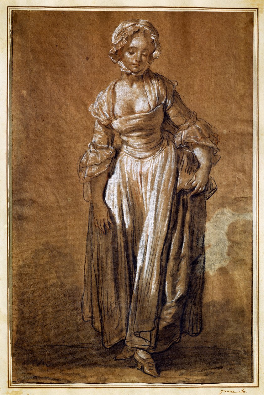 فتاة شابة تقف ، رسم جان بابتيست غريوز (1725-1805) بواسطة جان بابتيست غريوز