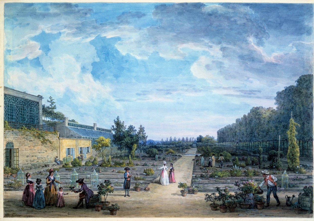 منظر ل Jardin du Roi (Jardin des Plantes الحالية) للطباعة الحجرية بواسطة Jean Baptiste Hilaire (1753-1822) 1794 Paris، B.N. بواسطة جان بابتيست هيلير