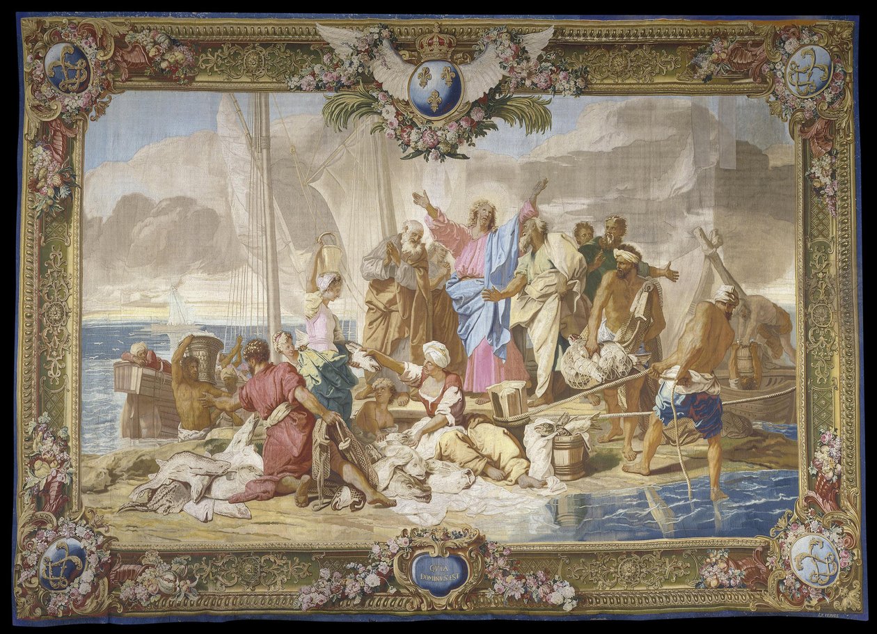 "" La Peche miraculeuse "" جدار العهد الجديد معلق من الصوف والحرير ، مصنع Royal des Gobelins ، ورشة جان لوفيفر ، بعد جان جوفينيه (1644-1717) بواسطة جان بابتيست جوفينيه