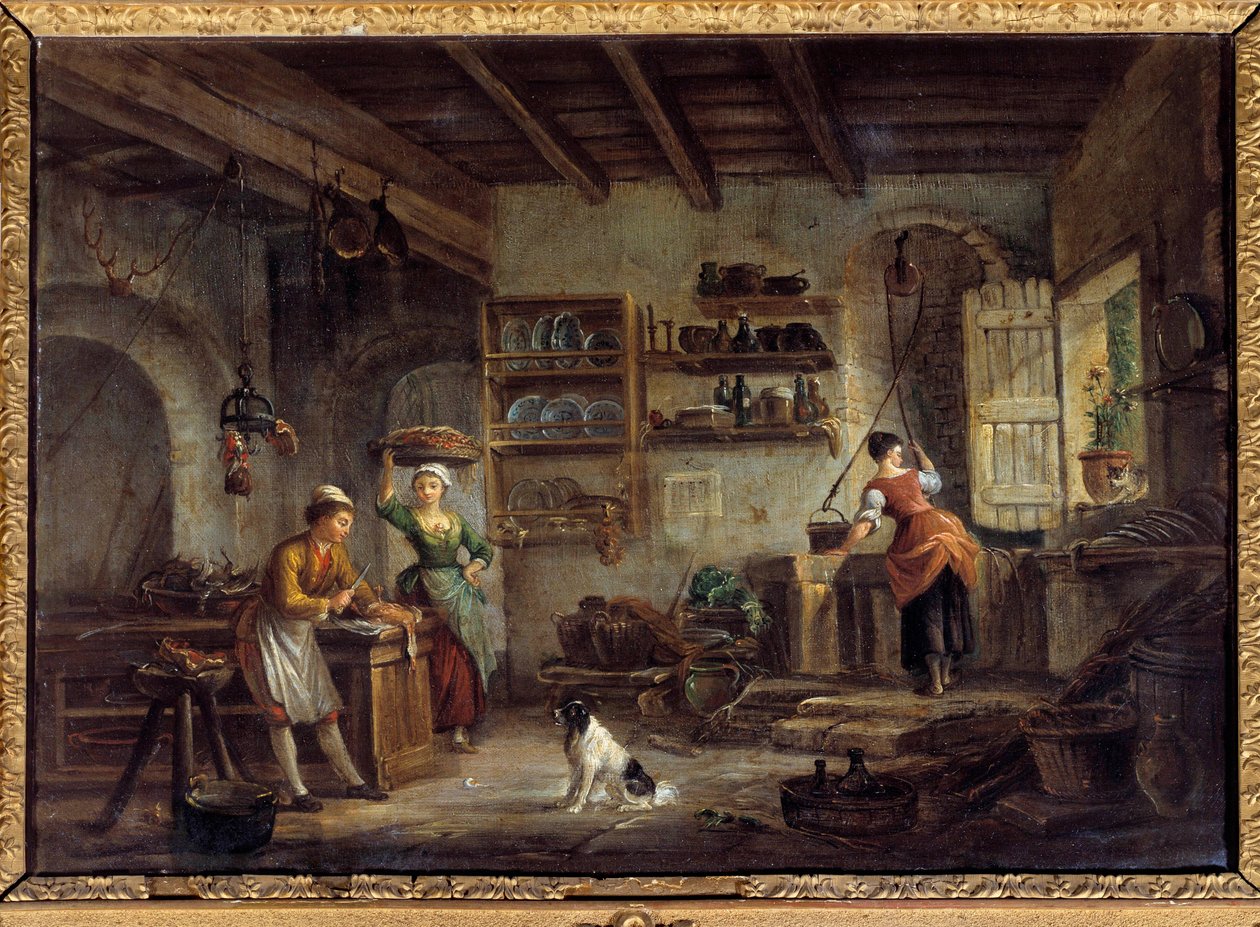 مطبخ داخلي طهاة وخادمات يحضرون وجبات سيدهم. لوحة لجين بابتيست لاليمانت (1710-1803) من القرن الثامن عشر بور أون بريس ، متحف دي برو بواسطة جان بابتيست لالماند