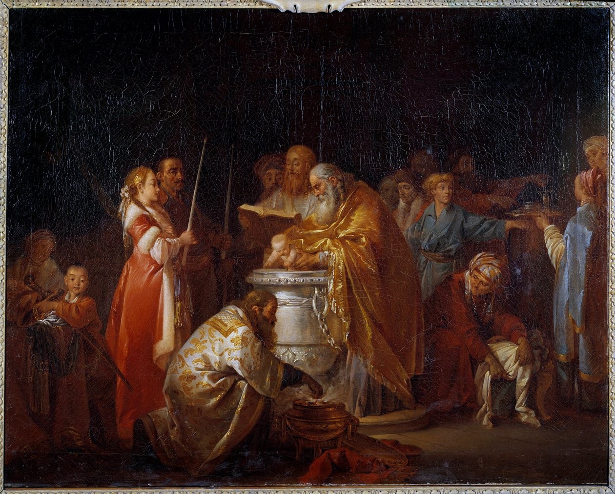 المعمودية الروسية بابا أرثوذكسي يعمد طفلًا أمام والديه. رسم جان بابتيست ليبرنس (1733-1781) 1765 صن. 0،73x0،92 م بواسطة جان بابتيست ليبرانس
