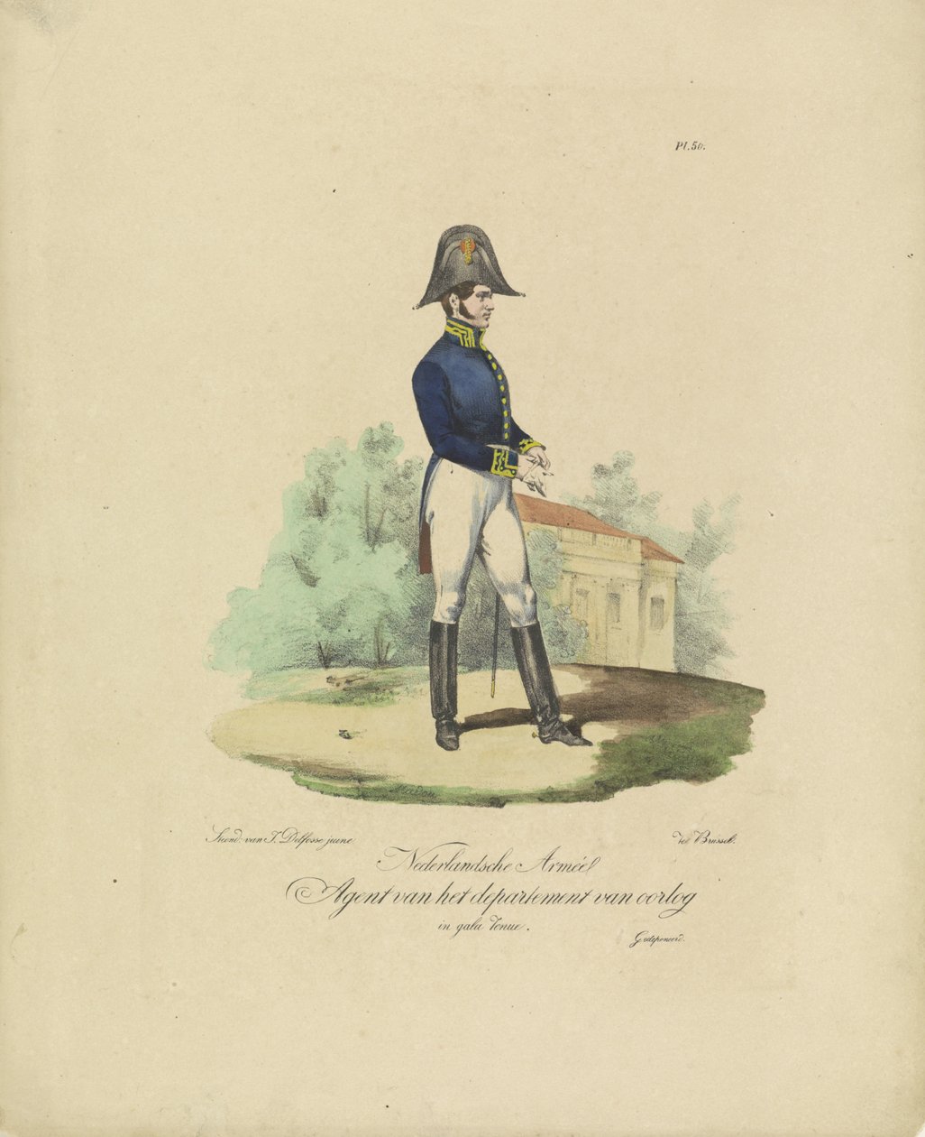 وكيل وزارة الحرب 1820-1825 وكيل الجيش الهولندي لوزارة الحرب في زي الحفلة (العنوان على الكائن) الأزياء العسكرية لمملكة هولندا. مُهدى لسعادة السيد ويليم فان بيلاندت (عنوان السلسلة بواسطة جان بابتيست مادو