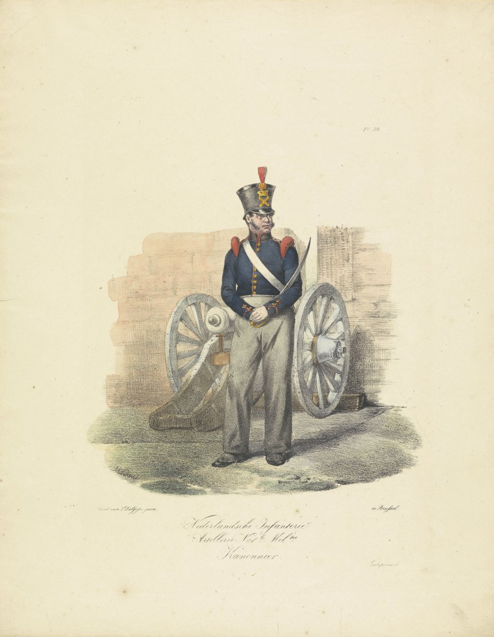 غنر ، 1820-1825 Nederlandsche Infanterie Artillerie Nat.le Mil.tie Kanonnier (العنوان على الكائن) الأزياء العسكرية لمملكة هولندا. إهداء لسعادة ويليم فان بيلاندت (عنوان المسلسل على الكائن) بواسطة جان بابتيست مادو