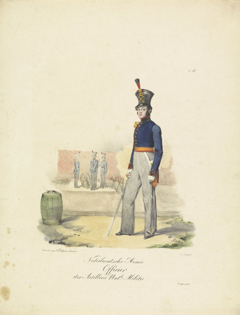 ضابط مدفعية ، 1820-1825 الجيش الهولندي ضابط المدفعية Nat.le Militie (العنوان على الكائن) الأزياء العسكرية لمملكة هولندا. إهداء لسعادة ويليم فان بيلاندت (عنوان المسلسل على الكائن) بواسطة جان بابتيست مادو