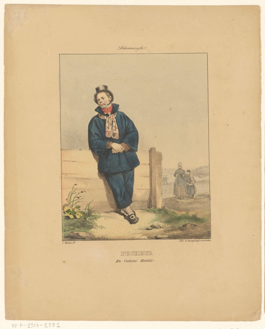 صياد يدخن الغليون في Scheveningen Scheveninghe (العنوان على الكائن) Pecheur en costume habillé (العنوان على الكائن) أزياء سكان هولندا وبلجيكا (عنوان المسلسل) ازياء دو peuple de toutes les Territories des Pays-Bas (عنوان السلسلة) بدلة بواسطة جان بابتيست مادو
