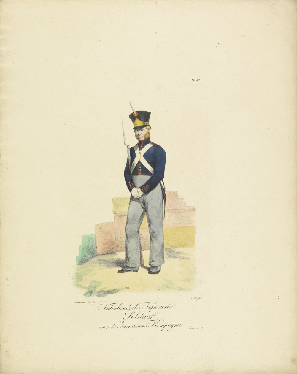 سرية حامية الجندي ، ١٨٢٠-١٨٢٥ جندي المشاة الهولندي في Garrison Kompagnie (العنوان على الكائن) الأزياء العسكرية لمملكة هولندا. إهداء لسعادة ويليم فان بيلاندت (عنوان المسلسل على الكائن) بواسطة جان بابتيست مادو