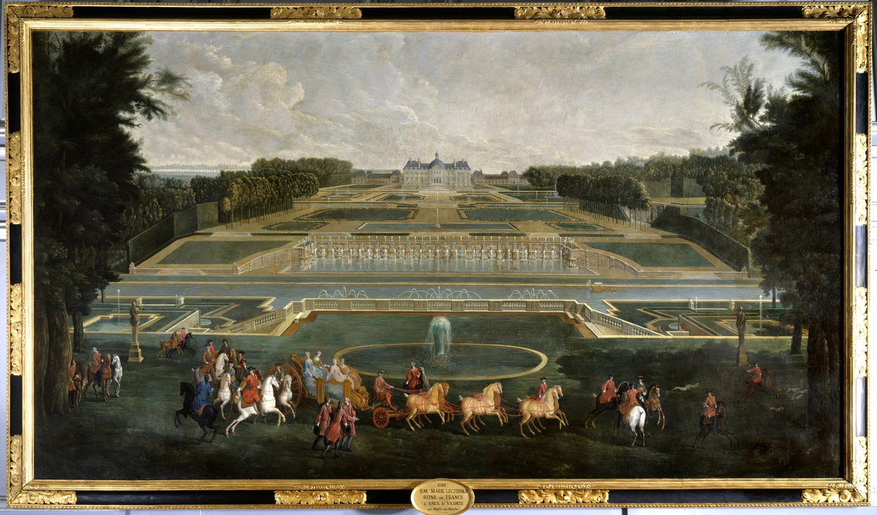 ماري ليسكسزينسكا ، ملكة فرنسا (1703-1768) (Leczinska ، Lescszinka ، Leszinka) في حدائق قلعة Vaux Le Vicomte (Vaux-Le-Vicomte) لوحة رسمها جان بابتيست مارتن (1659-1735) 1728 شاتو دو فو لو فيزومت. - ماري ليسكسزينسكا ، ملكة ف بواسطة جان بابتيست مارتن