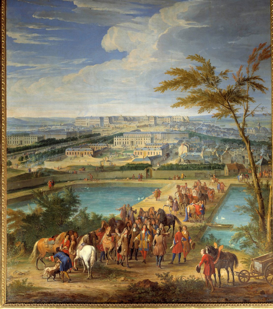 View of the city and the castle of Versailles taken from the hill of montbauron, Louis XIV (1638-1715) and Francois Michel le Tellier, Marquis de Louvois visit the new reservoirs Painting by Jean-Baptiste Martin (the Elder) (1659-1735) 17th century Sun. 2, بواسطة جان بابتيست مارتن