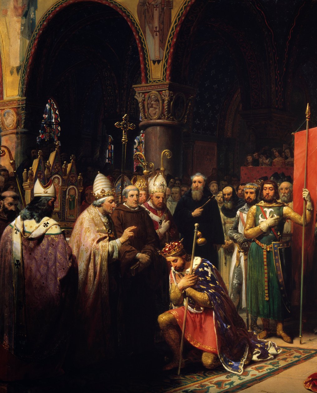 King Louis VII (1120-1180) takes the oriflame at the Basilica of Saint Denis (Saint Denis) in the presence of Queen Alienor of Aquitaine and receives the bumblebee and pannetiere of the pelerin from the hands of Pope Eugene III (? -1153) before his departu بواسطة جان بابتيست Mauzaisse