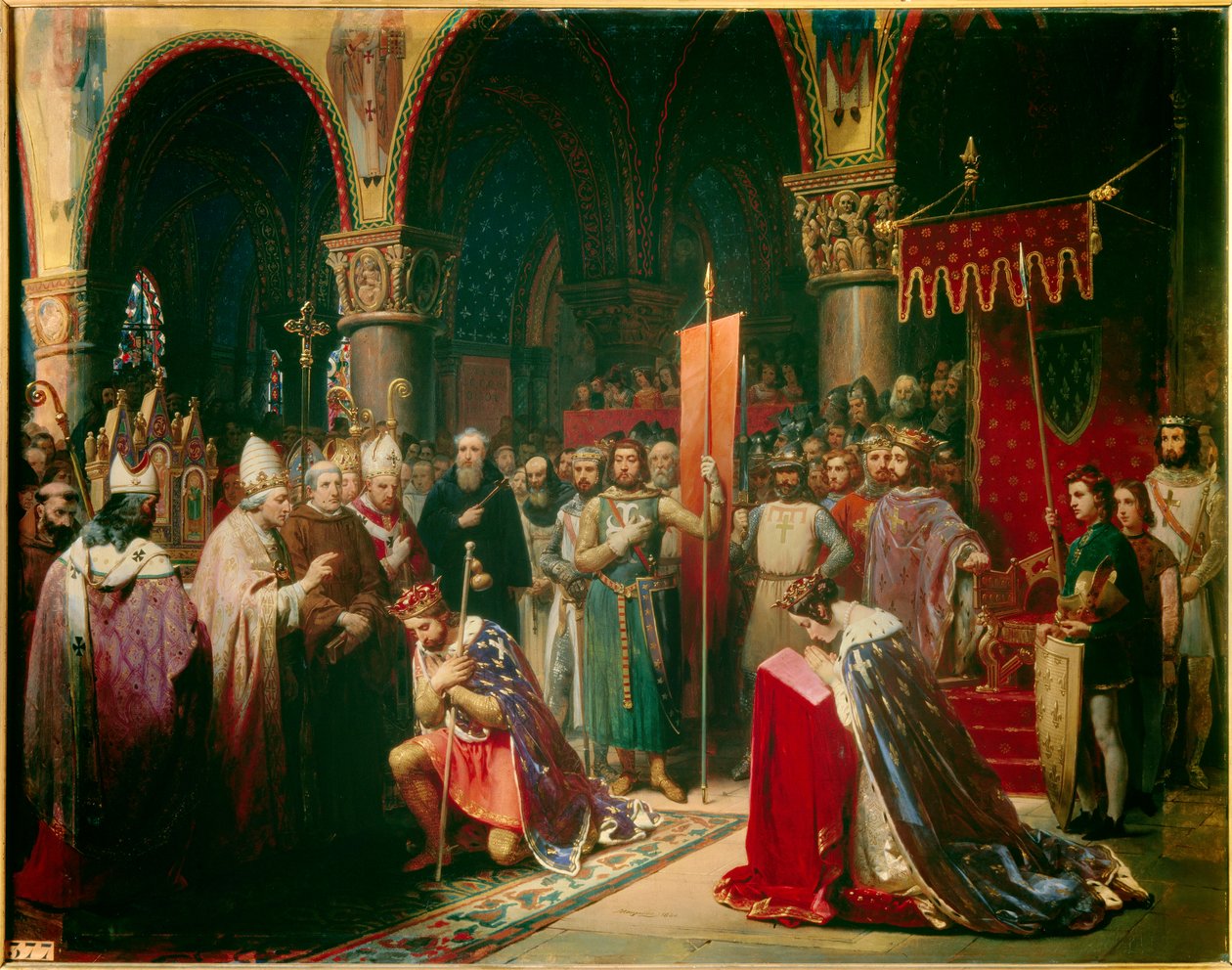 أخذ الملك لويس السابع (1120-1180) الأوريفليم في بازيليك القديس دينيس (سانت دينيس) في حضور الملكة ألينور من آكيتاين واستلم النحلة الطنانة و pannetiere من بيليرين من يدي البابا يوجين الثالث (؟ -1153) قبل مغادرته بواسطة جان بابتيست Mauzaisse