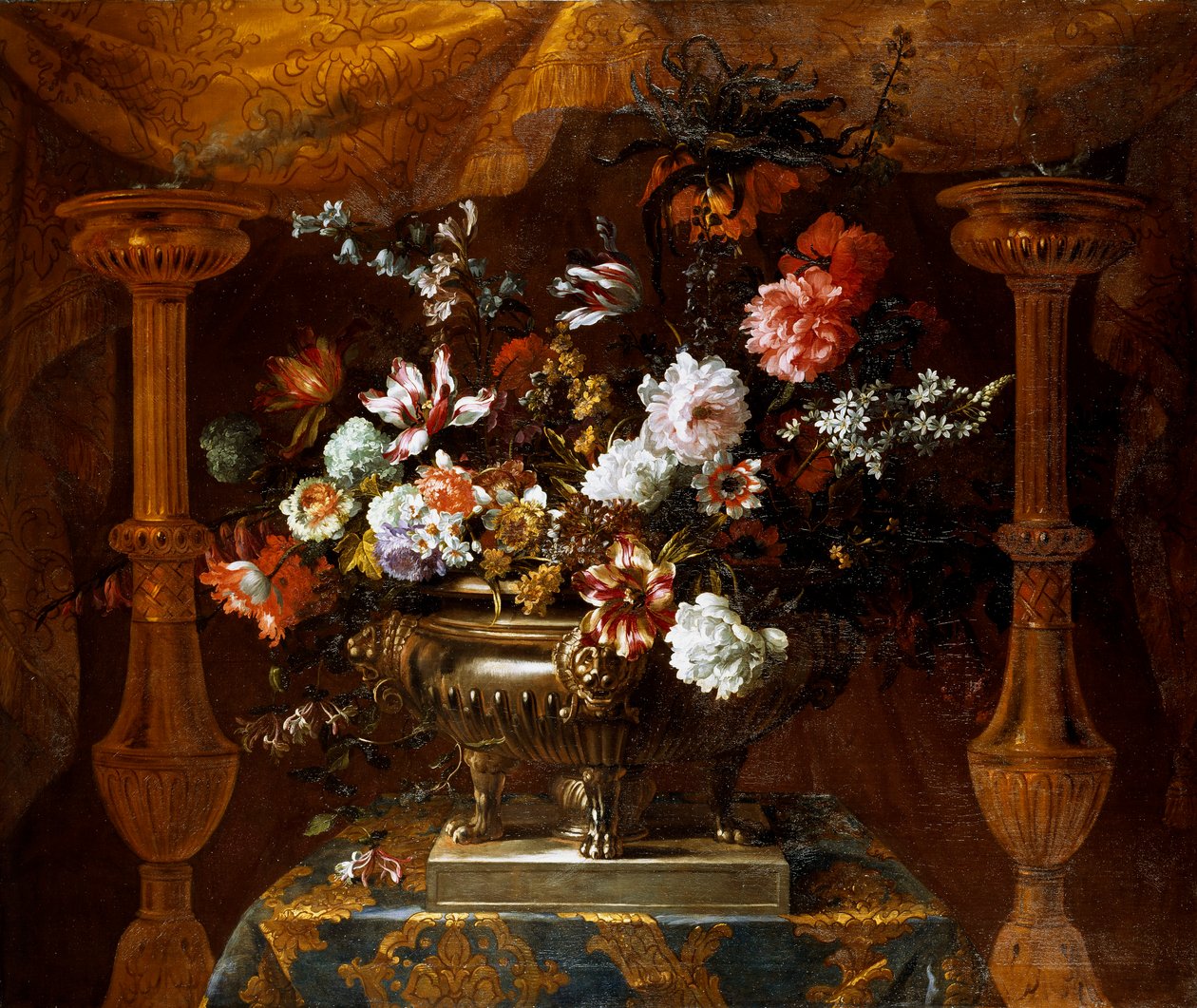 Still life with flowers in a silver vase with perfume burners, c.1690-99 (oil on canvas) بواسطة جان بابتيست مونوييه