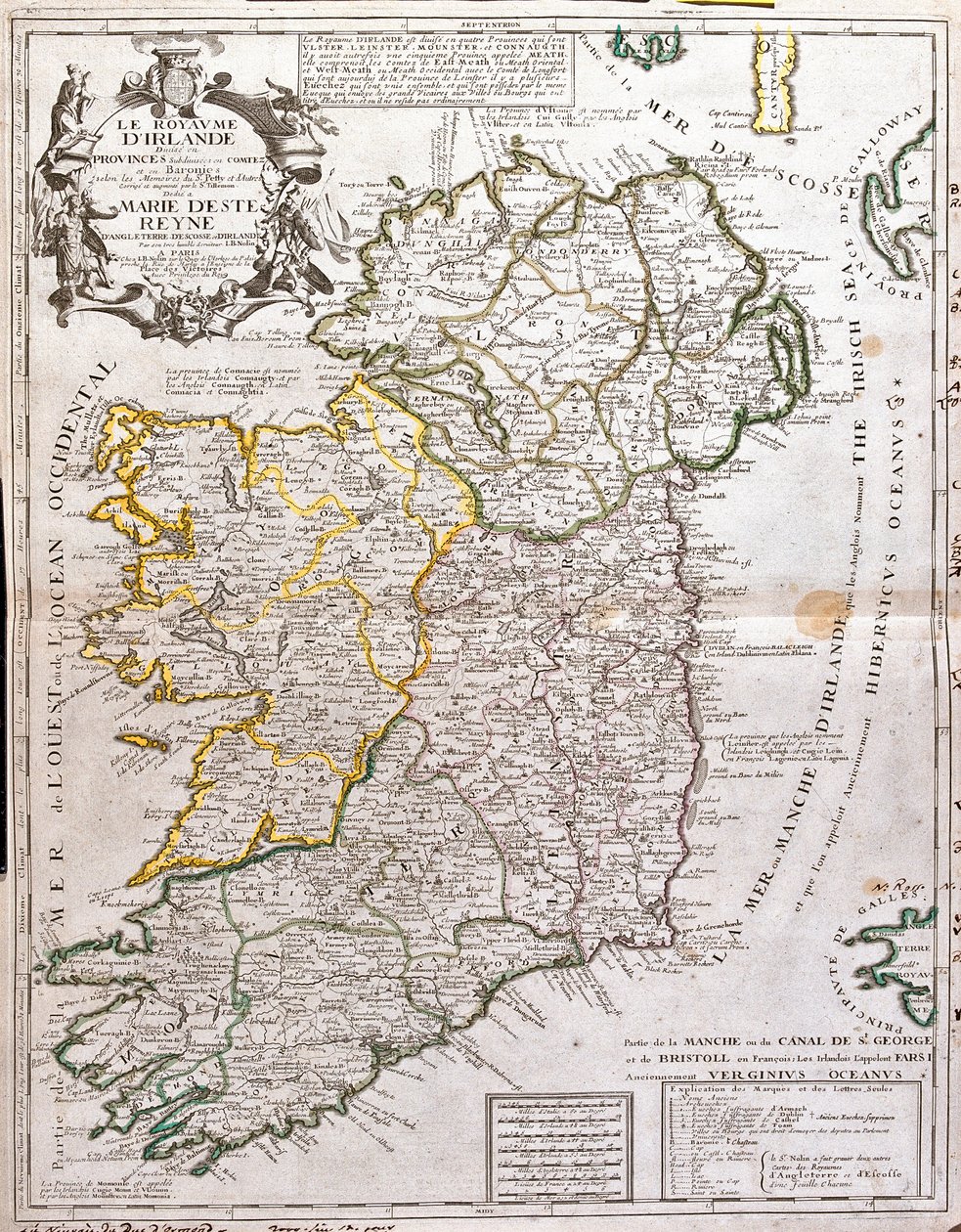 خريطة مملكة أيرلندا ، مخصَّصة لماري ديستي (1658-1718) ، ملكة إنجلترا واسكتلندا وأيرلندا (نقش بواسطة جان بابتيست نولين