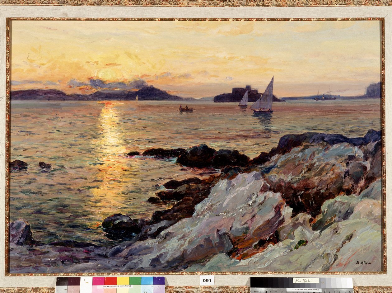 غروب الشمس على Frioul لوحة رسمها جان بابتيست أوليف (1848-1936) القرن العشرين خافت. 50x73 سم إشارة إلزامية: مجموعة أساسيات تحيات بروفانس ، مرسيليا بواسطة جان بابتيست أوليف