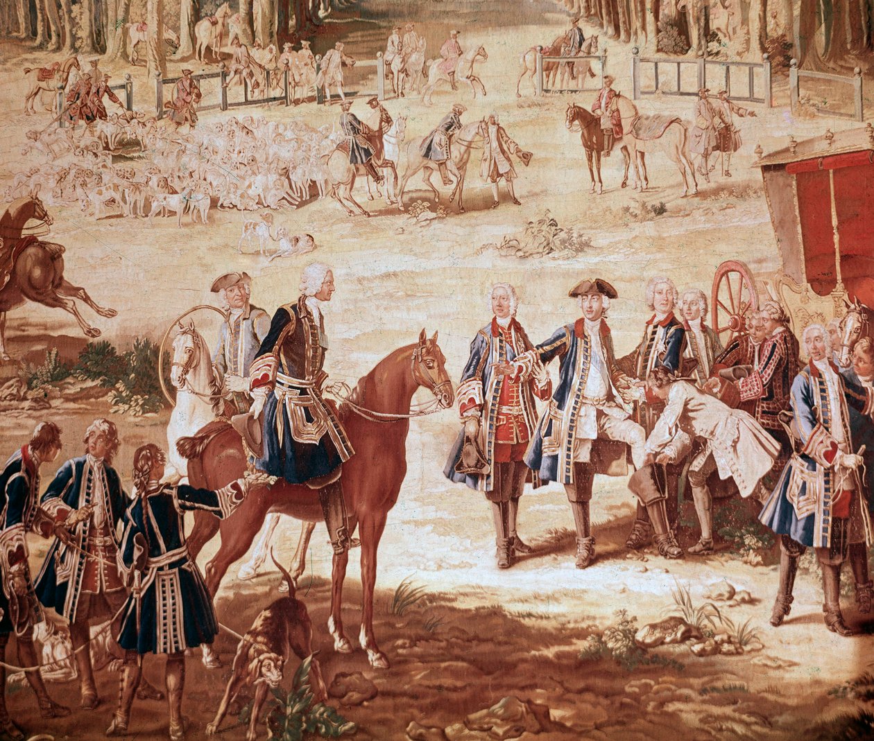 مطاردة لويس الخامس عشر الملك لويس الخامس عشر في غابة كومبين (The Hunt of Louis XV - Tapestry) بداية العبوة التفاصيل - نسيج من جان بابتيست أودري (1686-1755) بواسطة جان بابتيست أودري