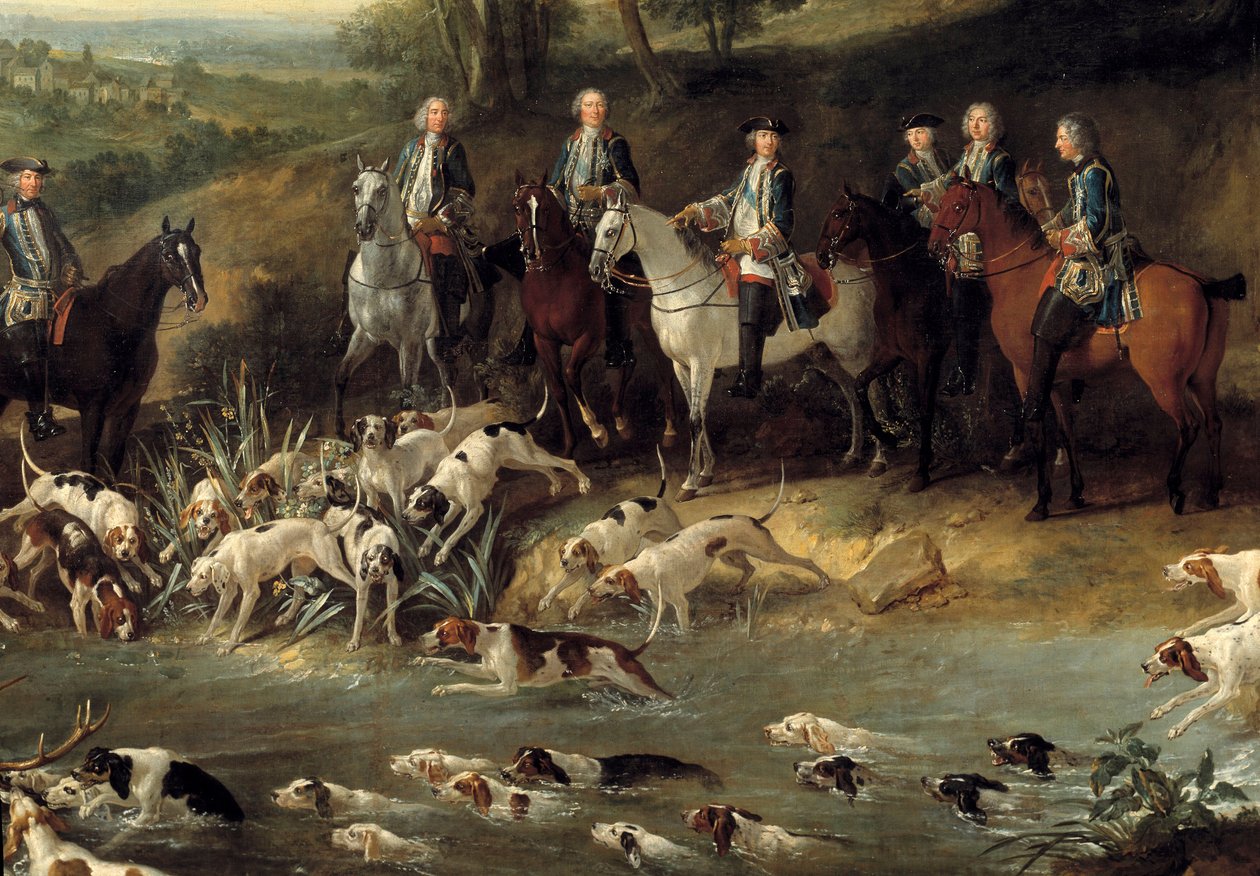 الملك لويس الخامس عشر يصطاد الغزلان في غابة سان جيرمان عام 1730 التفاصيل. رسم جان بابتيست أودري (1686-1755) 1730 تولوز ، متحف أوجستين بواسطة جان بابتيست أودري