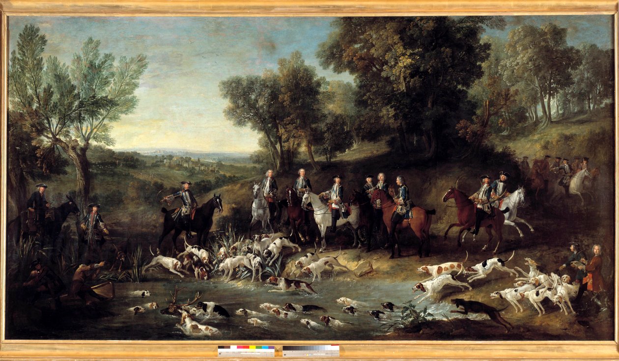 King Louis XV hunting deer in the forest of Saint Germain in 1730 Painting by Jean Baptiste Oudry (1686-1755) 1730 Toulouse, Musee des Augustins بواسطة جان بابتيست أودري
