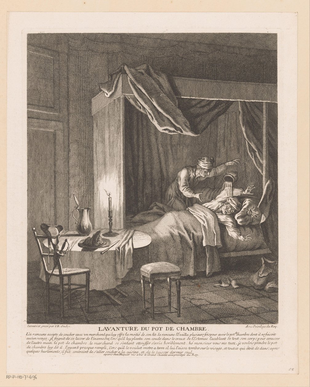 يستيقظ الإنسان مستيقظًا من وعاء الغرفة الذي يفرغ فوقه Lavanture du pot de chambre (العنوان على الكائن) مشاهد من الكوميديا ​​الرومانية سكارون (عنوان المسلسل) بواسطة جان بابتيست أودري