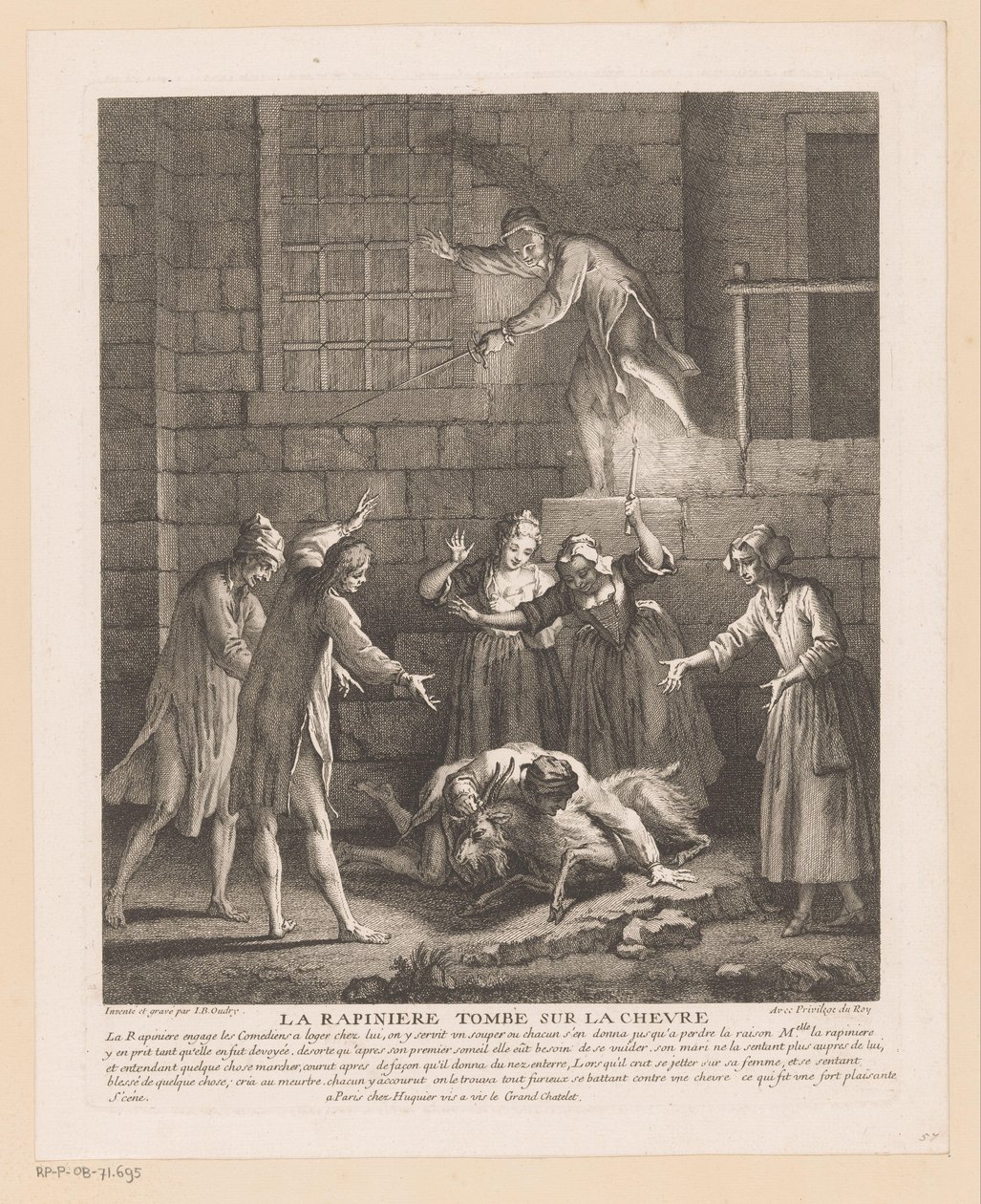 رجل valt bovenop een geit يقع La Rapinière على الماعز (العنوان على الكائن) مشاهد من رومان كوميك فان سكارون (عنوان المسلسل) بواسطة جان بابتيست أودري