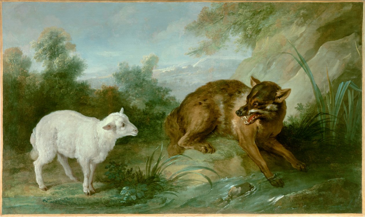 الذئب والحمل. رسم توضيحي لخرافة كتبها جان دي لافونتين (1621-1695). لوحة جان بابتيست أودري (1686-1755) بواسطة جان بابتيست أودري