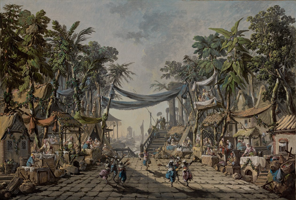مشهد السوق في ميناء شرقي خيالي ، ج. 1764 (زيت على قماش) بواسطة جان بابتيست بيلمينت