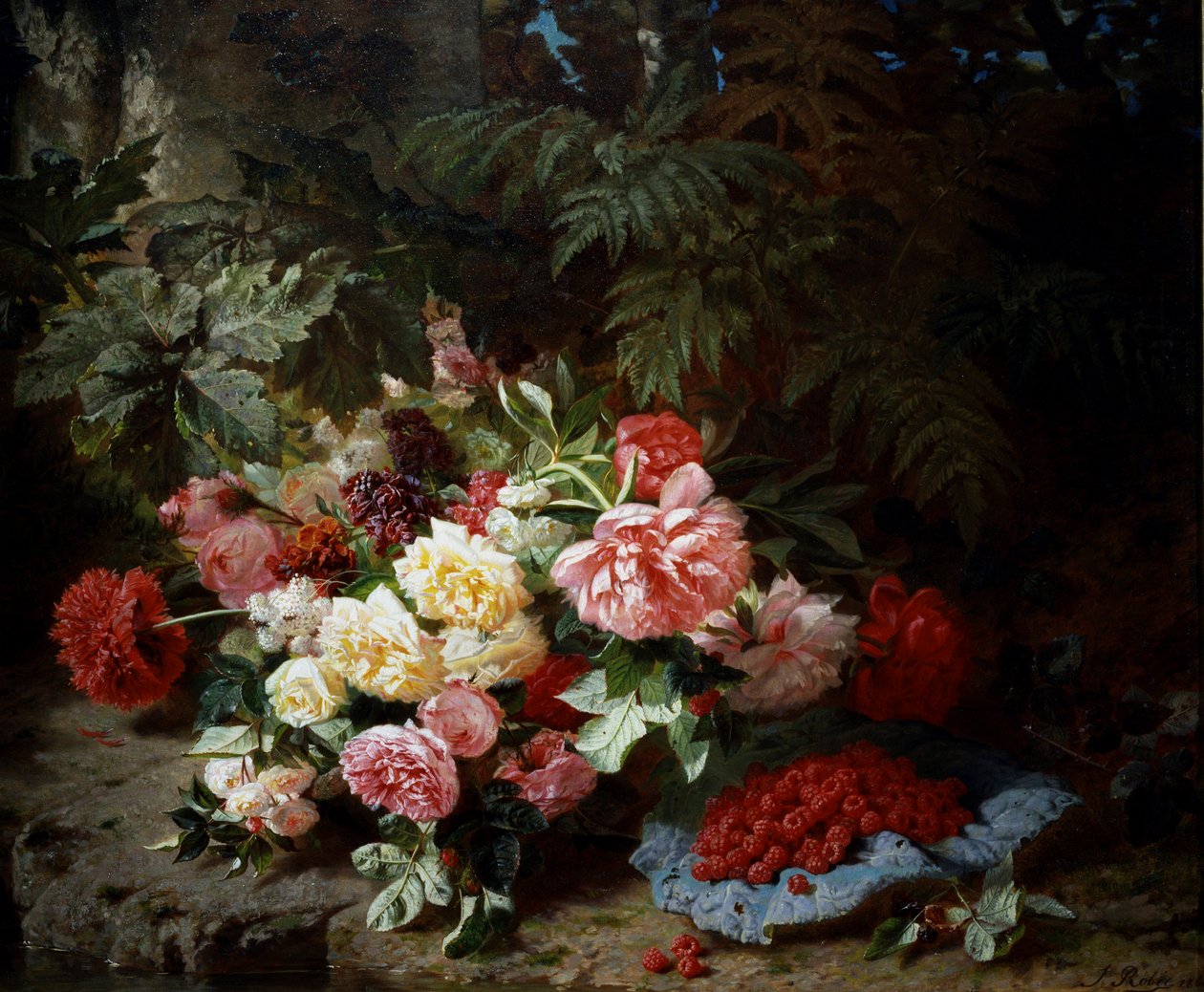 حياة صامتة من الورود والتوت. لوحة رسمها جان بابتيست روبي (1821-1910) مجموعة خاصة. بواسطة جان بابتيست روبي