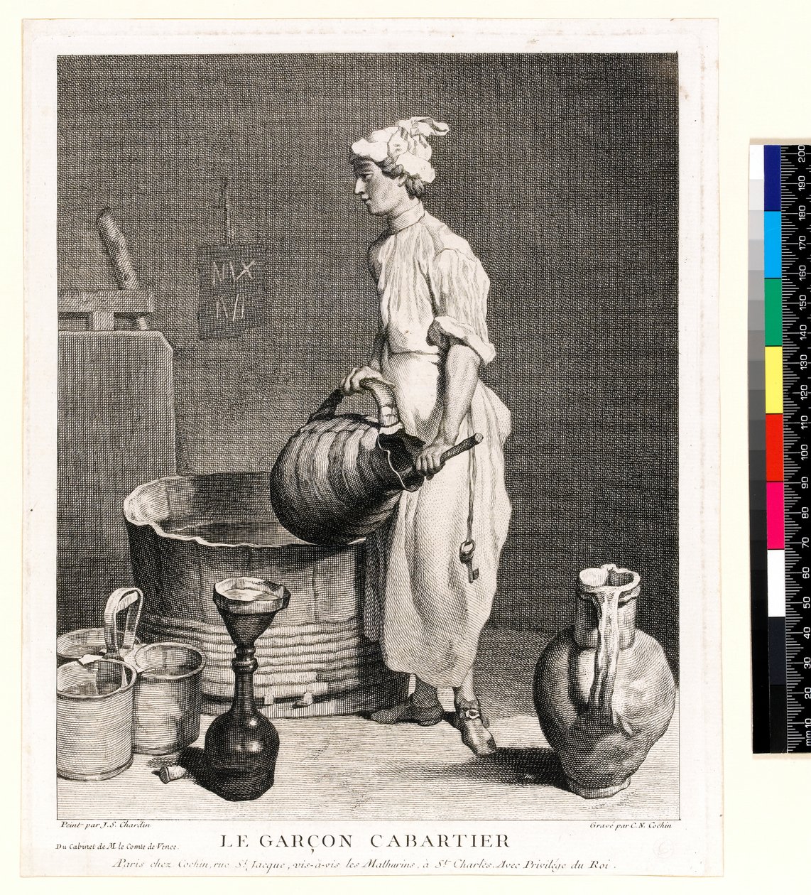 Le Garçon Cabaretier (The Cellar Boy) نقش بواسطة تشارلز نيكولاس كوشين الأول (1688-1754) 1750 (حفر ونقش) بواسطة جان بابتيست سمعان (بعد) شاردان