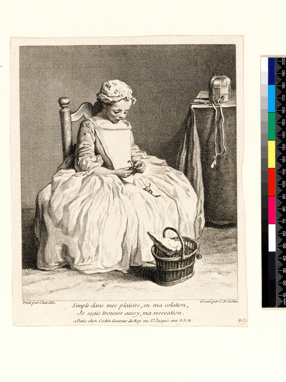 Little girl with her lunch (La Petite Fille aux Cerises) engraved by Charles Nicolas Cochin I (1688-1754) 1738 (etching & engraving) بواسطة جان بابتيست سمعان (بعد) شاردان