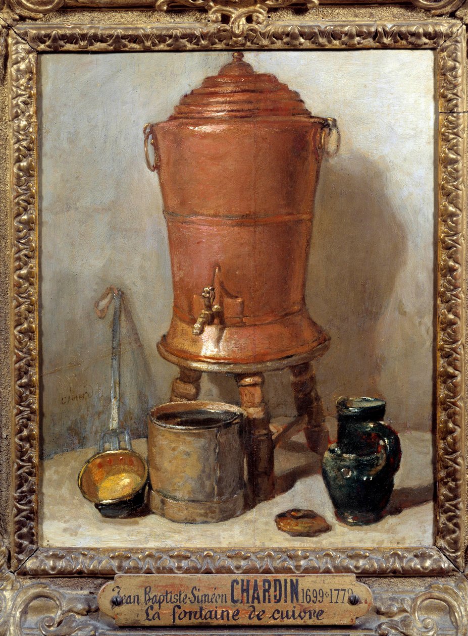 لوحة La Fontaine de Copper للفنان جان بابتيست سيميون شاردان (1699-1779) 1733 باهتة. 0،28x0،23 م - نافورة الشرب النحاسية. لوحة جان بابتيست سيميون شاردان (1699-1779) بواسطة جان بابتيست سيميون شاردان