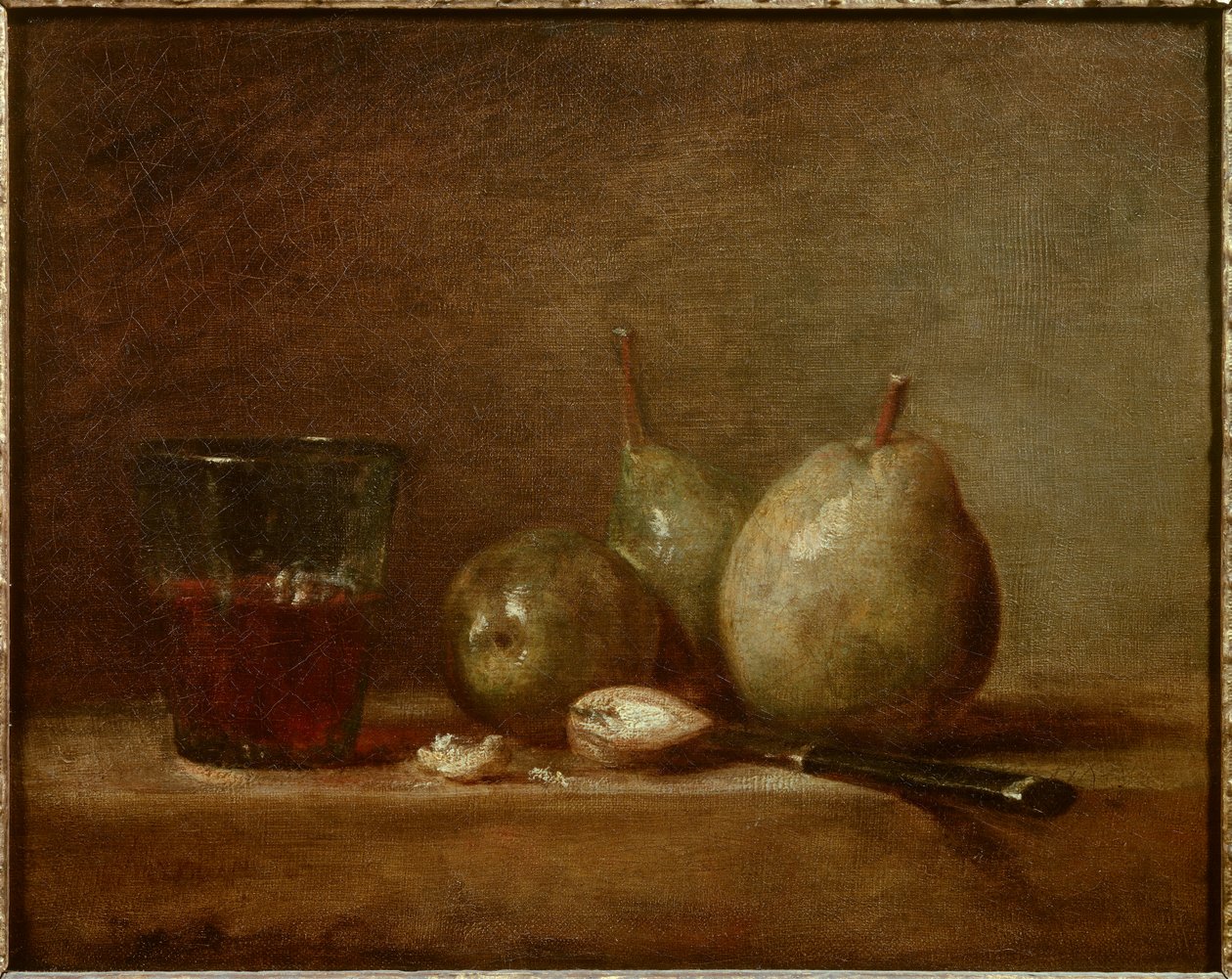 الكمثرى والمكسرات وكوب من النبيذ. باق على قيد الحياة. لوحة جان بابتيست سيميون شاردان (1699-1779) بواسطة جان بابتيست سيميون شاردان
