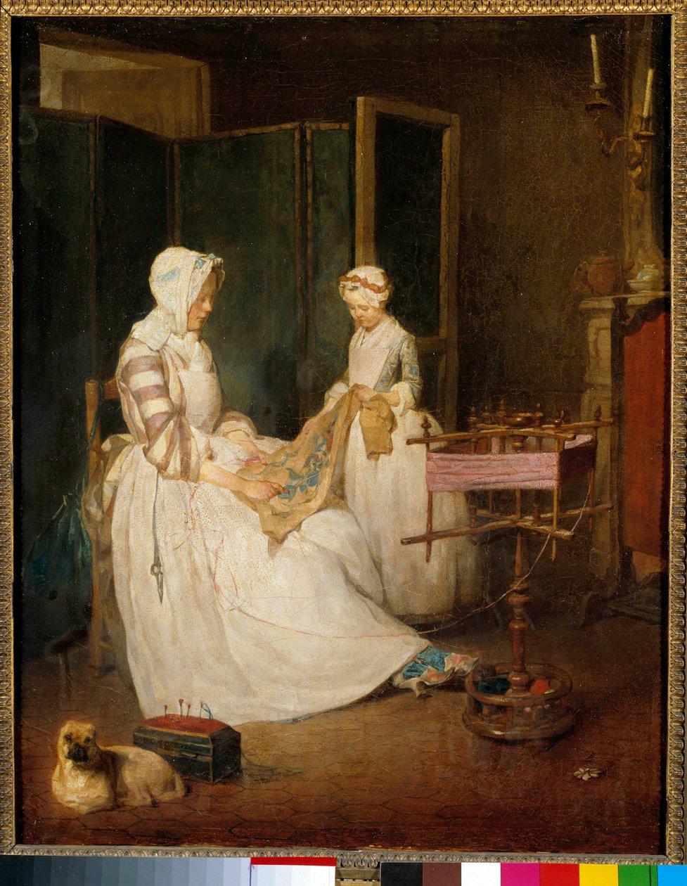 The working mother A mother helped by her daughter embroidering and using a chedder. Painting by Jean Baptiste Simeon Chardin (1699-1779) 18th century Sun. 0,4x0,39 m بواسطة جان بابتيست سيميون شاردان