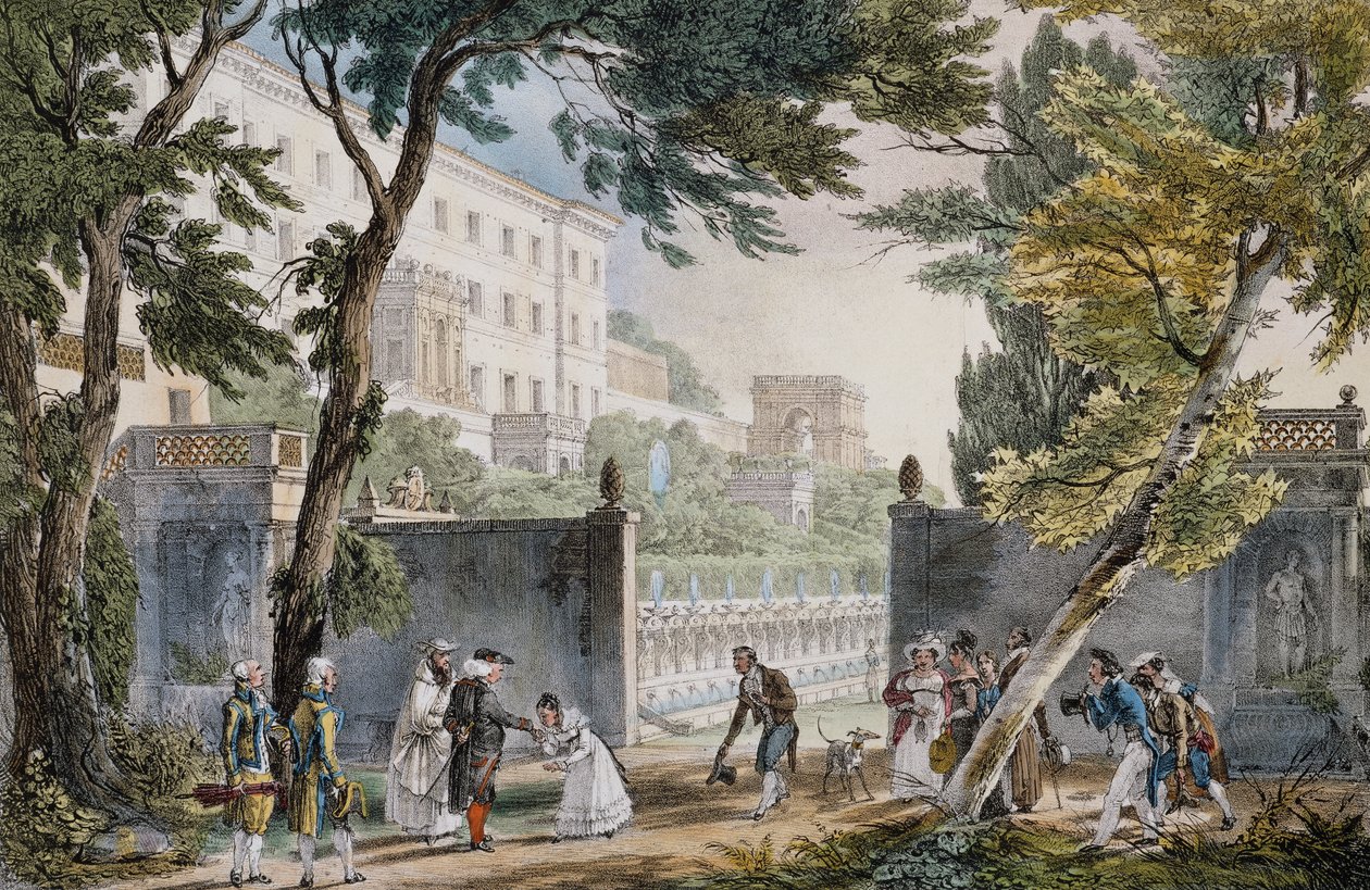 فيلا: مشهد لقاء النبلاء - نقش يوحنا المعمدان (جان بابتيست) توماس (1791-1833) ، حوالي عام 1820 بواسطة جان بابتيست توماس
