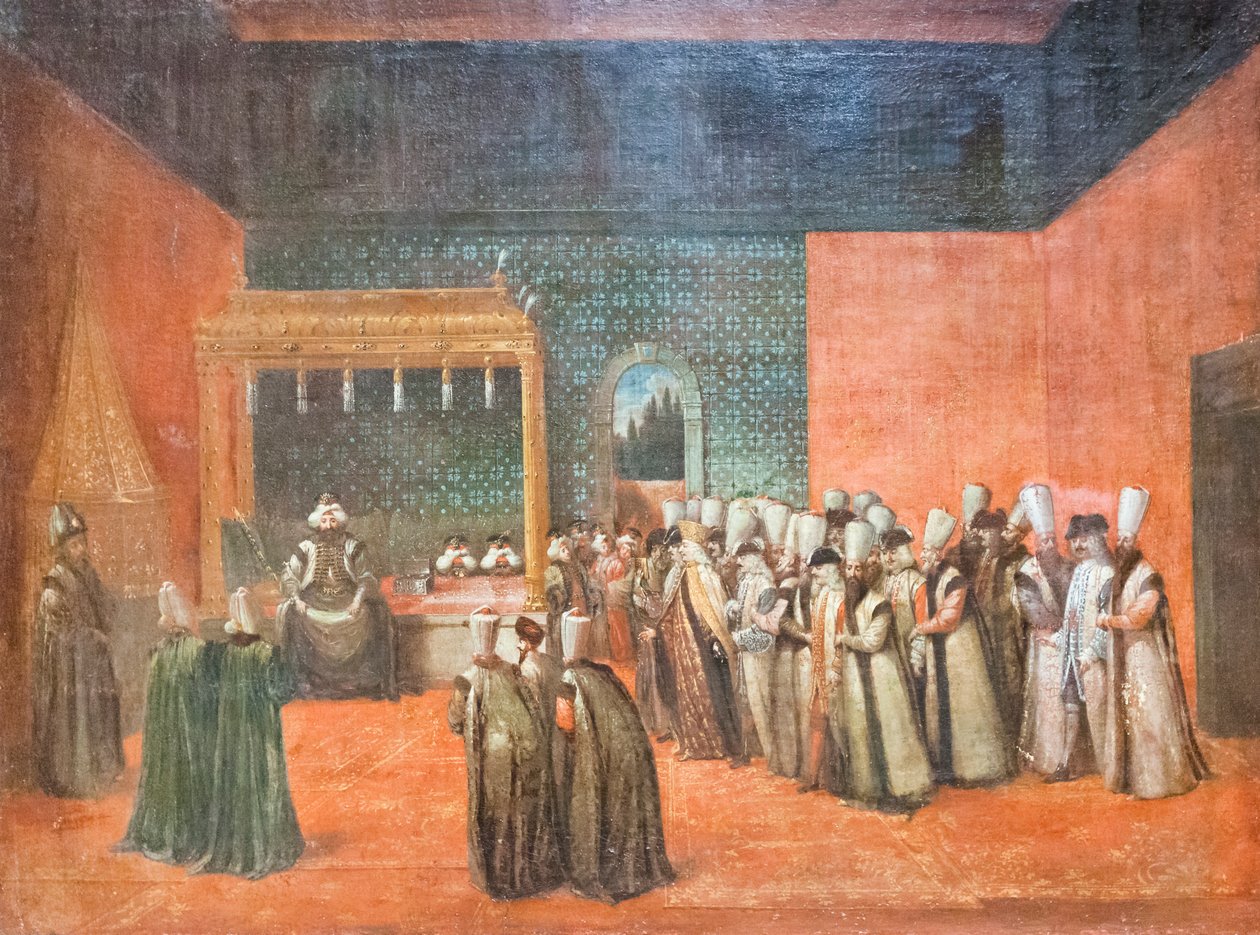السلطان أحمد الثالث يستقبل سفيرًا أوروبيًا حوالي عام 1725 (زيت على قماش) بواسطة جان بابتيست فانمور