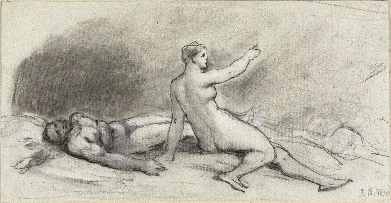 امرأة عارية تجلس مع رجل عاري نائم (وجه) ؛ منظر جذع الأنثى من الخلف (ظهر) بواسطة جان بيرود