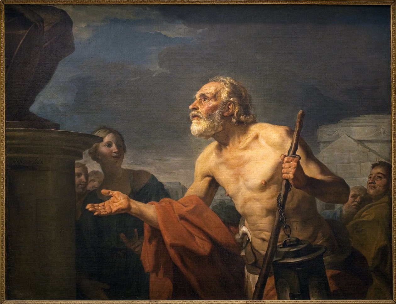 ديوجين يطلب وحده التماثيل. (يسمى Sinope Diogene بالسخرية ، حوالي 413 - حوالي 327 قبل الميلاد). رسم جان برنارد ريستاوت (1732-1797) ، زيت على قماش بواسطة جان برنارد رستوت