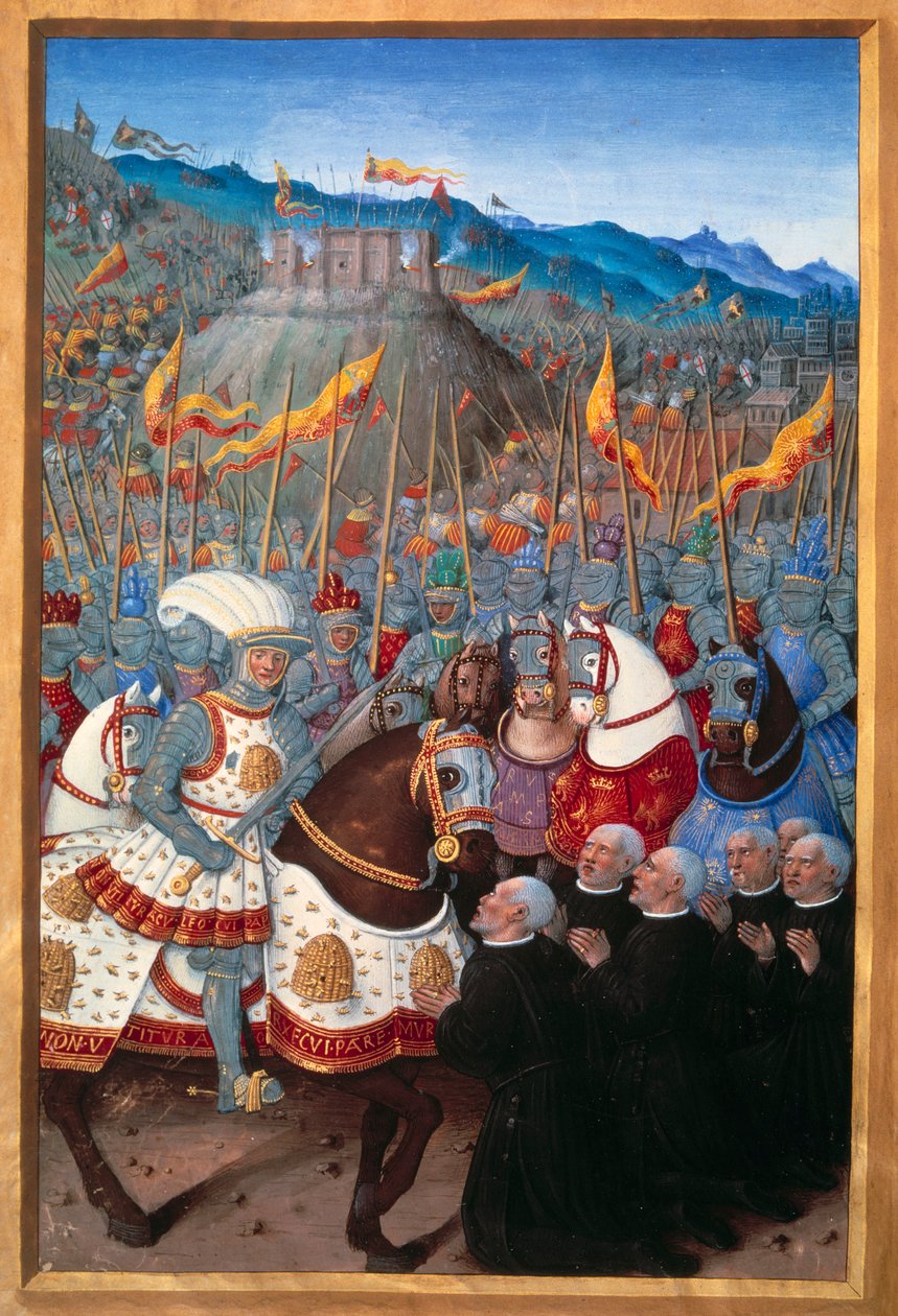 تلقى لويس الثاني عشر (1462-1515) ستة برجوازيين من جينات راكعة (25 أبريل 1507). صورة مصغرة لجين بورديشون (1457؟ - 1521) في "" رحلة الجينات "(Folio 20v) كتبها جان ماروت ، عدد 1508. باريس ، BN بواسطة جان بورديشون