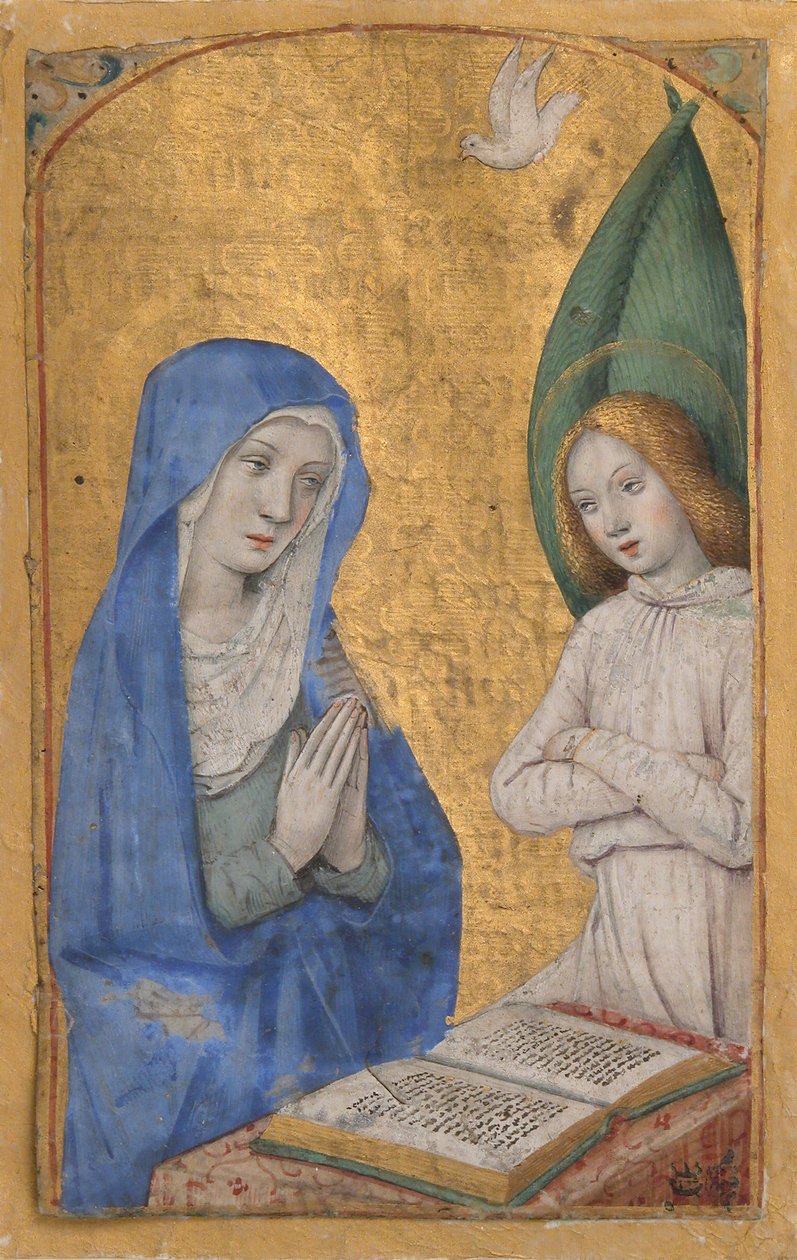 ورقة مخطوطة مع البشارة من كتاب ساعات ، كاليفورنيا. 1485-90. بواسطة جان بورديشون