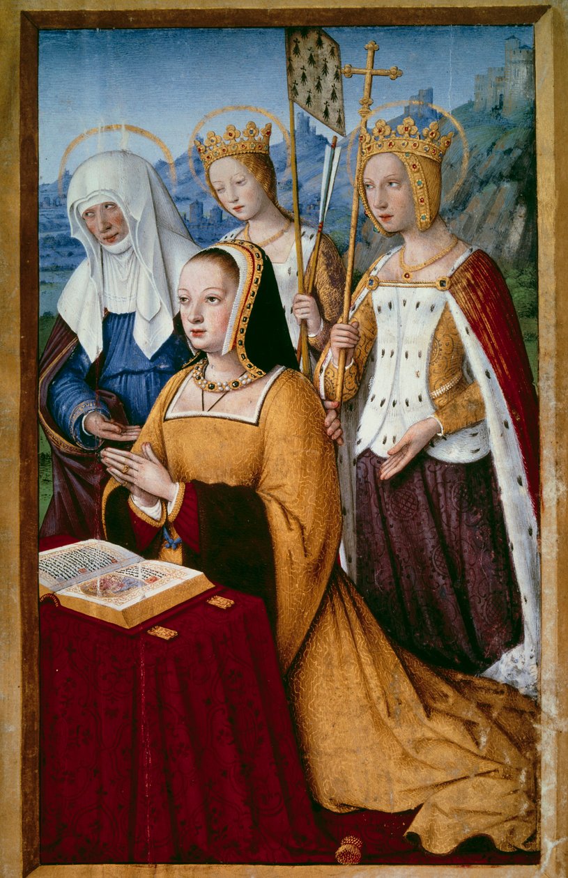 صورة آن أوف بريتاني (1477-1514) ، ملكة فرنسا ، وهي تصلي مع شفيعها القديسة القديسة آن ، وسانت هيلين وسانت أورسول ، صورة مصغرة مأخوذة من "ساعات آن بريتاني العظيمة" لجان بورديتشون (1457-1521) 1503-1508. باريس ، BN بواسطة جان بورديشون