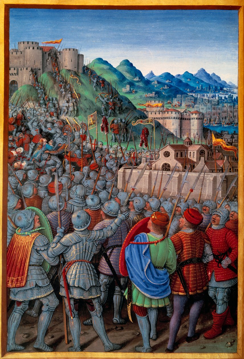هاجم جنوا حرس كاستيلاسيو دي جينيس من قبل الفرنسيين (12 مارس 1507). صورة مصغرة لجين بورديشون (1457؟ - 1521) في "" رحلة الجينات "(Folio 20v) كتبها جان ماروت ، عدد 1508. باريس ، NL بواسطة جان بورديشون