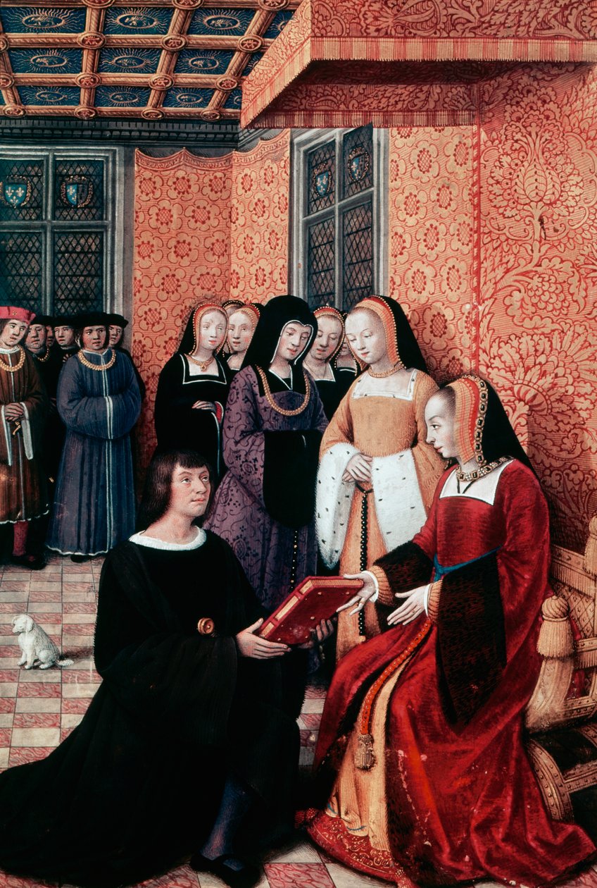 The poet Jean Marot (1450-1526) handing over his work Voyage to Genoa to Anne of Brittany (1477-1514), ca 1508, miniature by Jean Bourdichon (1457-1521). France بواسطة جان بورديشون