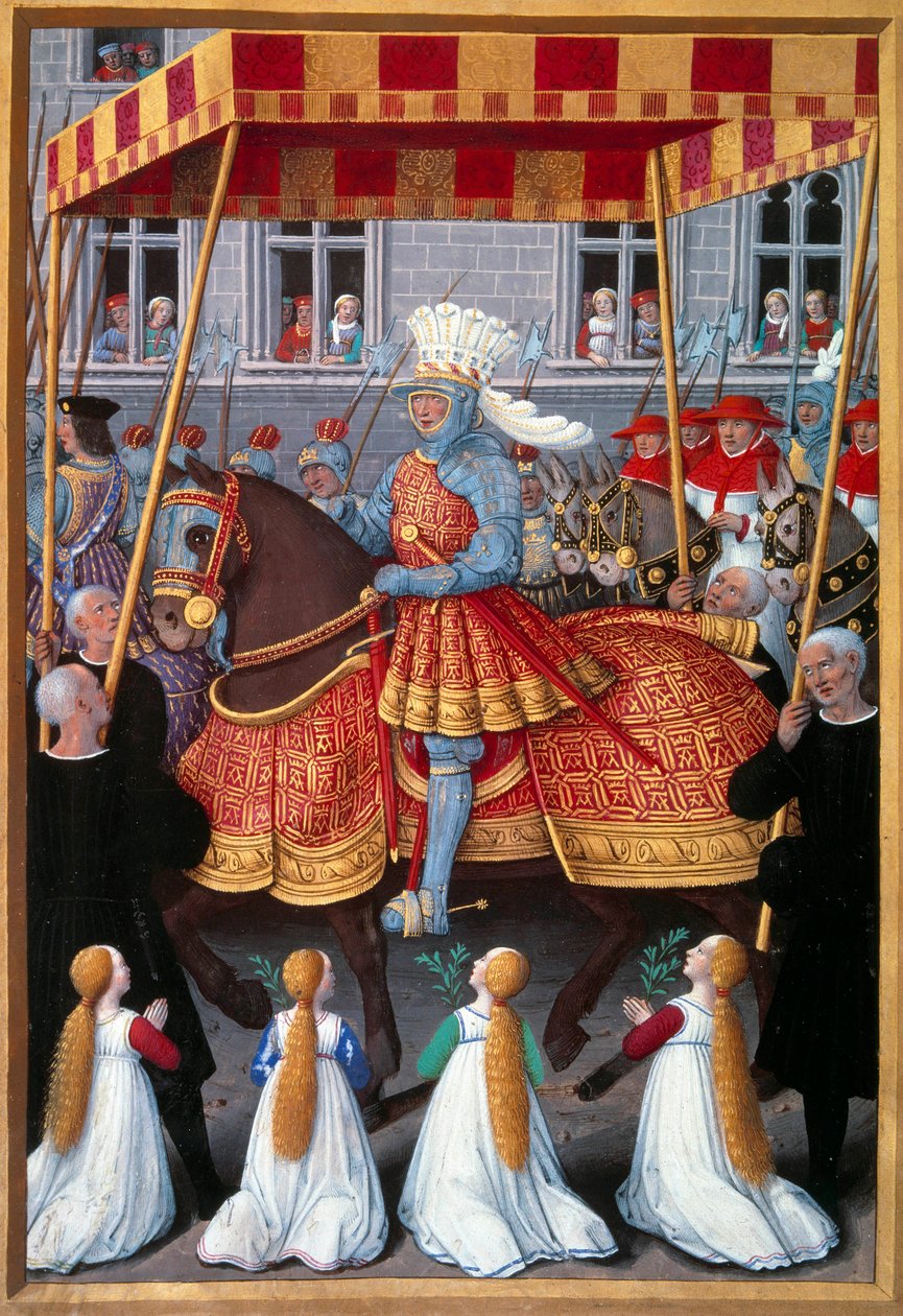 المدخل المنتصر للملك لويس الثاني عشر (1462-1515) إلى الجينات في أبريل 1507 صورة مصغرة مأخوذة من "رحلة جينات" لجين مارو (1450-1526) التي أضاءها جان بورديكون (1457-1521) 1508. باريس ، بي إن بواسطة جان بورديشون