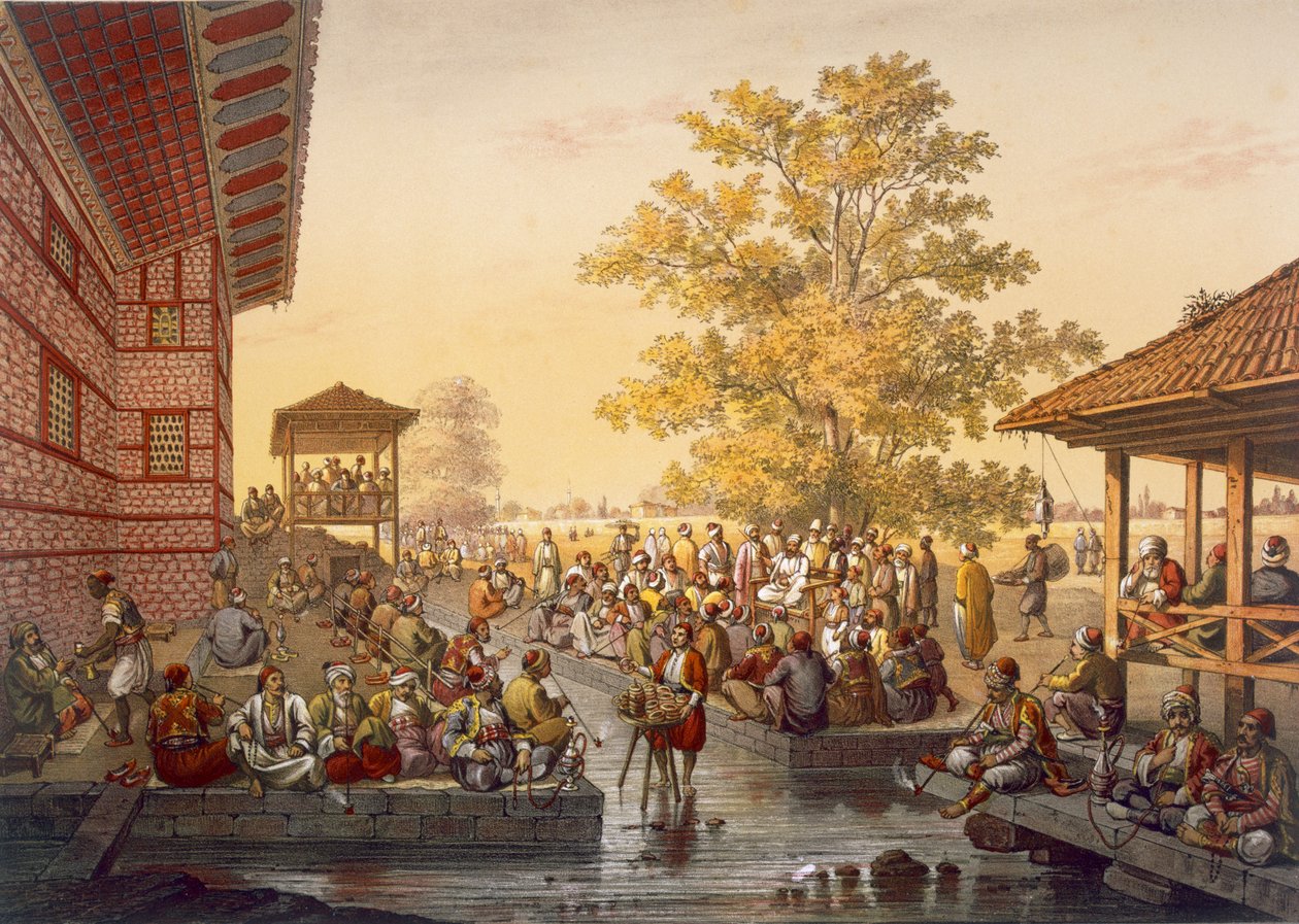 مشهد ترفيهي في بينارباسي ، أحد أحياء بورصة. راوي القصة يسلي الجمهور من حانة Souvenirs de Constaninople. 1845 بواسطة جان برينديزي