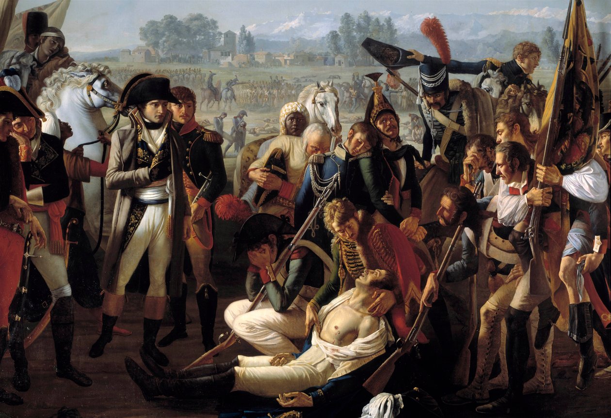 وفاة الجنرال تشارلز أنطوان ديسايكس دي فيغو (1768-1800) في معركة مارينغو في 14/06/1800 تحت أعين نابليون بونابرت (1769-1821) التفاصيل. لوحة جان بروك (1771-1850) بواسطة جان بروك