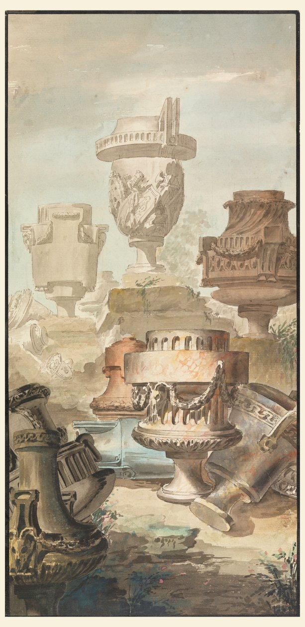 رسم، خراب خيالي: مزهريات وجرار، 1770 بواسطة جان تشارلز ديلافوس