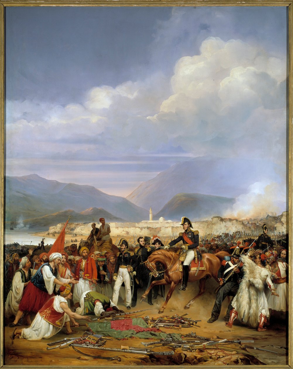 حرب الاستقلال اليونانية (1828-1833): "" البيت العام يتلقى استسلام قلعة موري في 30 أكتوبر 1828 "" حلقة رحلة موري (1828-1832) في بيلوبونيز. رسم جان تشارلز لانجلوا (1789-1870) 1836 صن. 2،72 × 1،92 بواسطة جان تشارلز لانجلوا