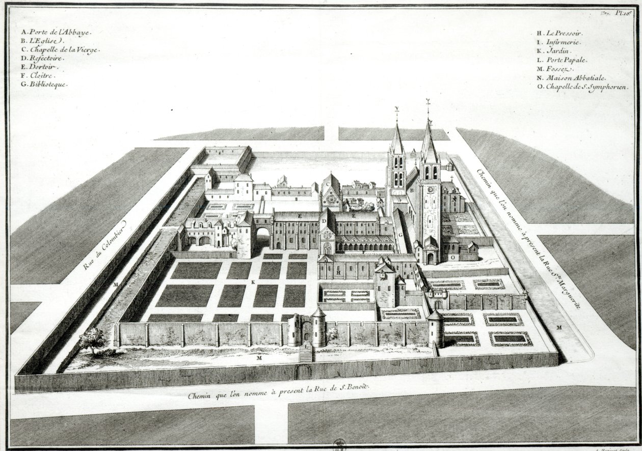 منظر لدير سان جيرمان دي بري قبل عام 1640 ، محفور من قبل أنطوان هيريسيت (1685-1769) بواسطة جان شوفورييه