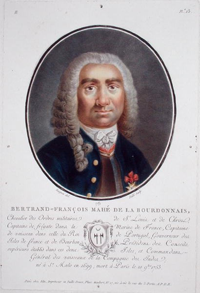 برتراند فرانسوا ماهي دي لا بوردونيه (1699-1753) من "صور لرجال عظماء ونساء لامعات وموضوعات لا تُنسى في فرنسا" ، نقش بواسطة رايد ، نُشر في 1787-92 (ليثو ملون) بواسطة جان كلود (بعد) نايجون